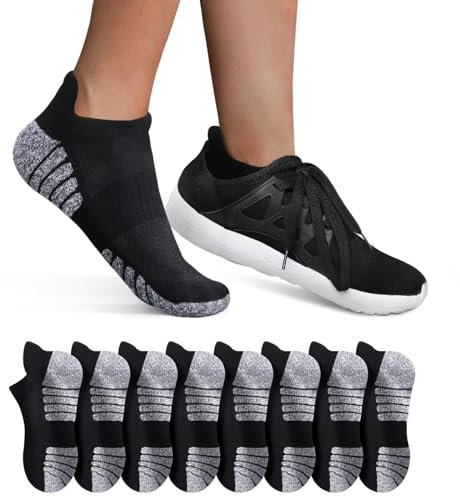 YouShow 8 Paar Sneaker Socken Damen Herren Sportsocken Laufsocken Atmungsaktiv Baumwolle Gepolsterte Kurze Halbsocken Schwarz 35-38
