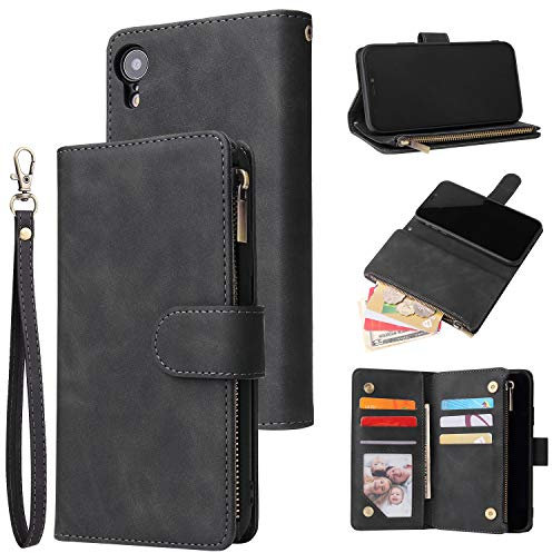 QLTYPRI Case for iPhone XR, Large Capacity Leather Wallet Case 6 Card Holder & 1 Zipper Pocket Kickstand Wrist Strap Magnetic Protective Cover for iPhone XR - Black