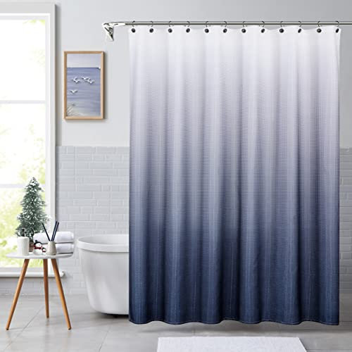 Duschvorhang mit Ombré-Motiv, wasserabweisend, dekorativer Farbverlaufsdruck, Badezimmer, Spa, Hotel, Waffelgewebe, mit 12 Ösen, Cremeweiß/Marineblau, 177,8 x 182,9 cm, Weiß bis Marineblau