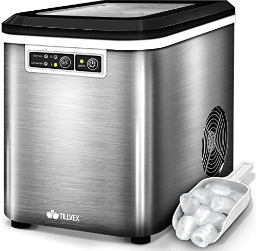 tillvex Machine à glaçons en inox 12 kg - 24 h | Préparation de glaçons réservoir 2,2 litres | Ice Maker écran LED et nettoyage automatique | 2 tailles de glaçons