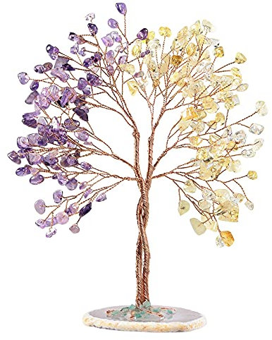 KYEYGWO Amethyst & Citrine Heilung Kristall Geldbaum auf Achat Scheiben Base, Handmade Edelsteinbaum Feng Shui Bonsai Baum Deko Stein Glückbaum Liebe Ornament für Glück, Reichtum