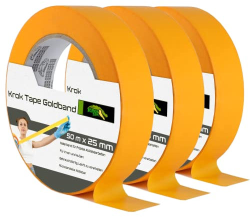 KrokTape Malerkrepp 50m Malerband Gold Kreppband 25mm - Goldband Maler Klebeband Für Scharfe Kanten - Abdeckband für Malerarbeiten und Auto Lackierung [3 Rollen]
