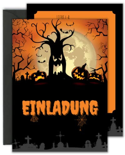 12x EINLADUNGSKARTEN + Umschläge für Halloween Party – gruselige Karten mit Kürbis Motiv – Diese Karten sind die perfekte Einladung zur Halloweenfeier – für echte Horror Fans, Orange