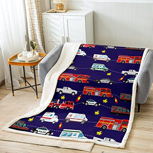 Feuer LKW Kuscheldecke Police Auto Decke 130x150cm Für Kinder Jungs Mädchen Jugend Dekor Engine Ambulance Niedlich Wohndecke Emergency Fahrzeug Blau Zimmer Flanell Fleecedecke