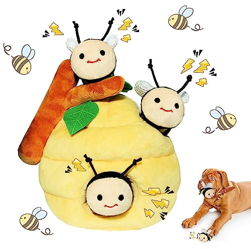 Whaline 4Pcs Bee Interactive Dog Toys Set Bee Honey Pot Dog Toys Hide and Seek Puppy Toys Colorful Squeaky Dog Toy Puzzle Tough Chew Teething Soft Puppy Toy for Small Medium Large Dogs