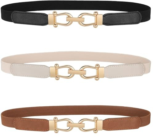 JASGOOD Women Skinny Elastic Belt for Dresses,Thin Retro Stretch Waist Belt with Golden Buckle 3 Pack,Black+Brown+Beige