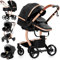 MoLi PU-Leder Kinderwagen 3 in 1, Kinderwagen mit Umkehrbarem Doppelschiebemodus, Buggy Großer Bequemer Babywanne, Kombikinderwagen 3 in 1 Rahmen Aluminiumlegierung Faltbar Hohe Landschaft (518 Black)