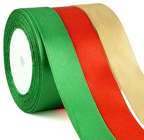ASTARON 3 St. Geschenkband für Weihnachten Rot Grün Gold, 25mm Schleifenband Weihnachten für Geschenkverpackung Blumensträuße DIY Haar Dekoband Weihnachtsbänder für Weihnachten Dekorationen