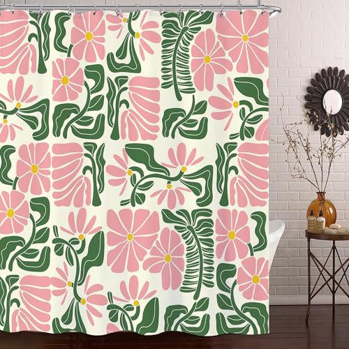Laifzere Rideau de douche à motif floral abstrait géométrique vintage Matisse botanique vert rose pour salle de bain mignon girly 152,4 x 183 cm