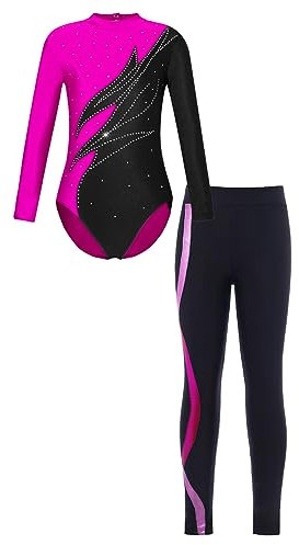 ranrann Enfant Fille Justaucorps Gymnastique Strass Tenue Patinage Artistique et Legging Ensemble Gym Danse Costume Spectacle 7-14 Ans Rose 5-6 ans