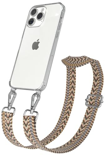 EAZY CASE Handykette - Verstellbares Taschenband kompatibel mit iPhone 15 Pro Max, Schulterriemen, Handykordel mit Silikon Hülle, Umhängetasche, Braun Silber