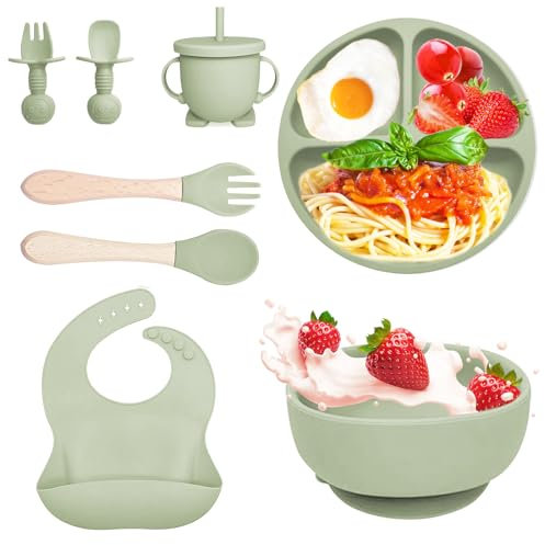 Bizcasa Vajilla Bebe Silicona, 8 Piezas Vajilla de Silicona para Bebés Antideslizante, Con Plato Cuenco Babero Taza, Vajilla de aprendizaje para comer destete, Sin BPA (Verde 1)