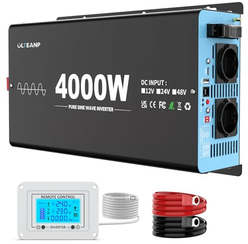 OLTEANP 4000W Wechselrichter Reiner Sinus 24V auf 230V KFZ Spannungswandler mit LCD-Bildschirm-Fernbedienung, 2 AC Steckdosen,USB & Type-C Port Solar Power Inverter für Wohnwagen, Boot, Camping