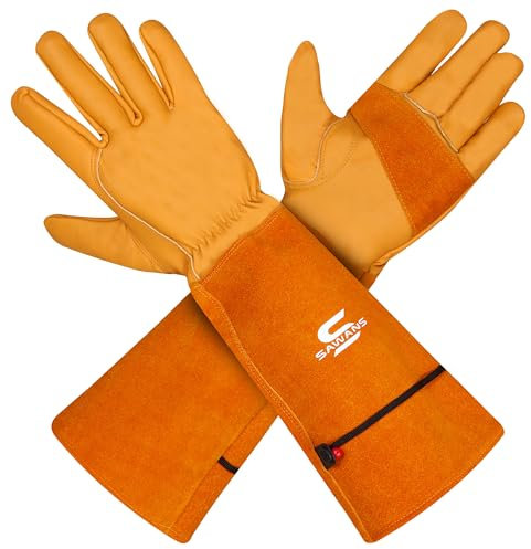 SAWANS Gants de travail en cuir pour hommes Gants de jardinage pour femmes Sableuse Cactus Fil de fer barbelé Anti-épine Jardin Gants pour rosiers Avant-bras long Cuir de (Jaune, XL (Paquet de 1))