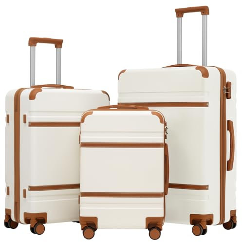 COOLIFE Koffer Set, 3 Teilig Reisekoffer mit TSA-Schloss Teleskopgriff und 4 Zwillingsrollen, Rollkoffer für Reisen und Geschäftsreisen (Weiß/Braun, Koffer-Set)