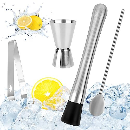 XCRPRT Cocktailstößel aus Edelstahl mit Cocktaillöffel, Barkeeper Set, Mojito Stampfer, Eiscrusher, Stampfer, Cocktail Stößel, Shaker mit Messbecher, Barzubehör für Küche, Bar, Restaurant