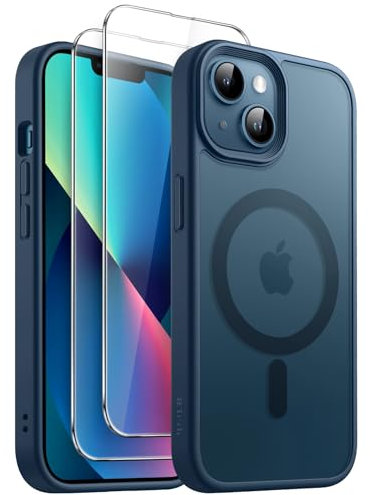 JETech 3 in 1 Magnetic Case for iPhone 13 6.1-Inch with 2-Pack Tempered Glass Screen Protector, Compatible with MagSafe, Translucent Matte Back Shockproof Phone Cover (Storm Blue)