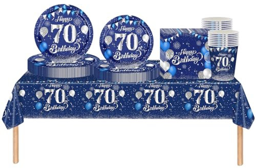 69pcs Navy Silver 70th Birthday Decorations for Men Women - Tableware Set With Tablecloth, Plates, Napkins, Cups for Him/Her - Gift and Table Decor