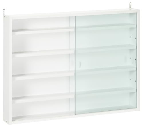 HOMCOM Vitrina Expositora Vitrina de Pared con Estantes Ajustables y 2 Puertas Correderas de Vidrio para Colecciones Perfumes Figuras de Decoración 80x9,5x60 cm Blanco