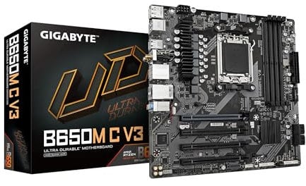 GIGABYTE B650M C V3 (rev. 1.0) AM5 LGA 1718 AMD B650 M-ATX Motherboard with 5-Year Warranty, DDR5, PCIe 4.0 M.2, PCIe 4.0, USB 3.2 Gen1 Type-C, 1GbE LAN, Q-Flash Plus, EZ-Latch
