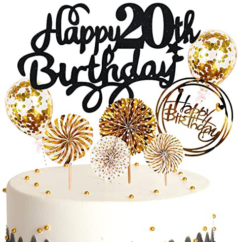 Ouceanwin Kuchendeko 20. Geburtstag Mann Frau, Glitter Tortendeko Geburtstag 20 Männer Kuchen Topper 20 Geburtstag Deko Cake Topper Happy Birthday Schwarz Gold für 20 Jahre Frau Geburtstagstorte Deko