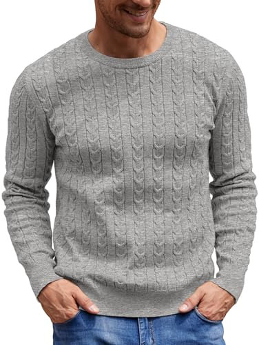 NITAGUT Men's Jumpers Sweater Crewneck Cable-Knit Pullover Sweater Grey,Small