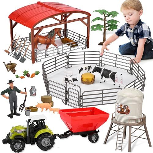 BuzzoXerex Tiere Bauernhof Spielzeug, Traktor Spielset mit Anhänger, Scheune, Zäune, Pferdestall, Tierfiguren, Bauer und 20+ Bauernhof Zubehör, Bauernhof Lernspielzeug für Kinder ab 2 3 4 5 6 Jahren