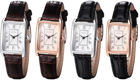 JewelryWe Damenuhr Leder Rechteckige Uhr: 4er Set Vintage Analog Quarz Armbanduhr Damen Schwarz/Braun PU Lederarmband Kleine Uhr mit Römischen Ziffern Zifferblatt & Rechteck Gehäuse