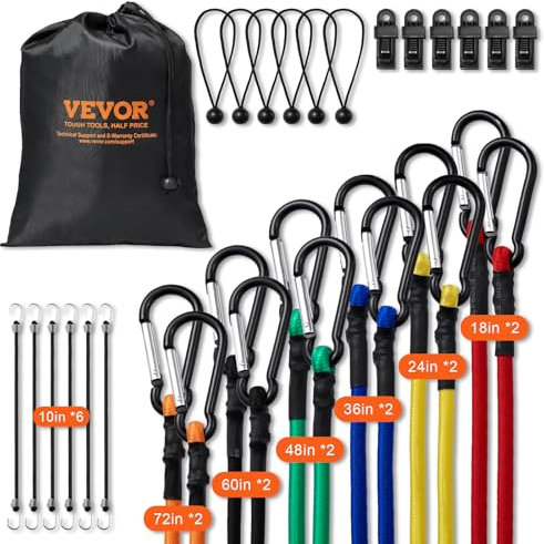 VEVOR 30 Pezzi Assortimento di Corde Elastiche, Cinghie Elastiche Resistenti 8 mm con Moschettoni Acciaio A3, Include 25/46/61/91/122/152/183 cm, Borsa Portaoggetti, 6 Clip e Fascette Baldacchino