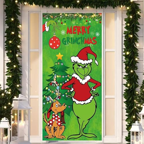 luoshuangfei Tenda natalizia per porta, sfondo con striscione Grinch, decorazioni per foyer, scenario di vacanza. (verde-b)
