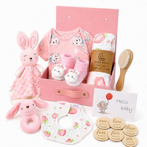 Auoketuo Neugeborenen-Geschenk – 15-teiliges Baby-Geschenkset Enthält Babydecke, Strampler, Beißtuch, Holzbürste, Meilensteinkarten, Lätzchen, Söckchen und eine Erinnerungsbox.（Rosa）