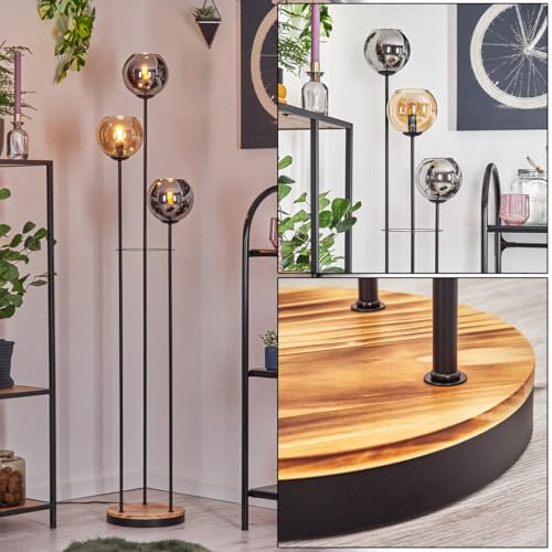 HOFSTEIN Stehleuchte Koyoto, Stehlampe aus Metall/Holz/Glas in Schwarz/Hellbraun/Chrom/Rauch/Bernstein, Leuchte im Vintage-Design (Ø 15 cm), Fußschalter, 148,5 cm, E14, Wohnzimmer, Schlafzimmer, Flur