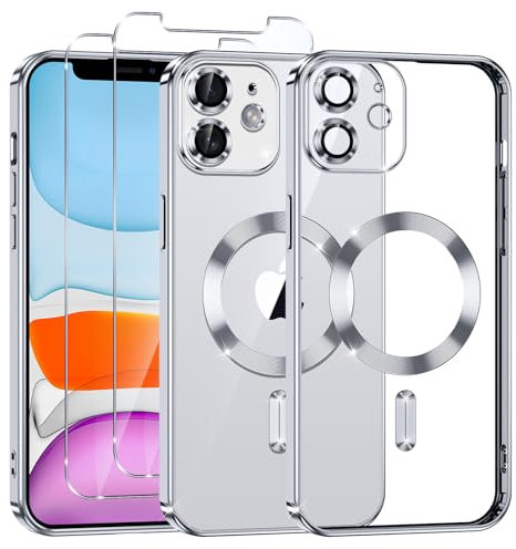 Phoona Cover Placcatura per iPhone 11 6,1 Pollici, Obiettivo per Fotocamera Protezione Completa e 2 × vetro temperato, Compatibile con MagSafe Ricarica Wireless, Protezione Militare, Argento