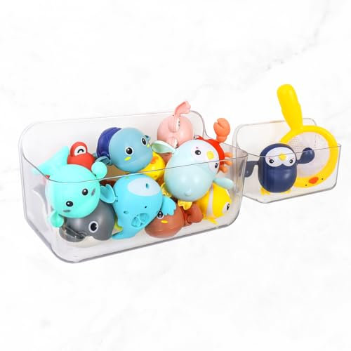 VETWORX 2 Pack Bath Toy Storage,Large Capacity Hanging Clear Bath Toy Holder,Wall Mounted Kids Bathtub Toy Organizer & Adhesive Shower Caddy with Hooks,No Drilling