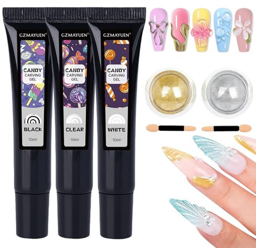 GZMAYUEN 3D Gel Nail Art Skulptur Nail Gel - 3pcs Transparent Weiß Schwarz Farbe Multifunktionell 5D-Geprägtes Candygel für DIY Nageldesign, 2Pcs Mirror Metallic Effect Chrome Nail Powder(Gold,Silber)