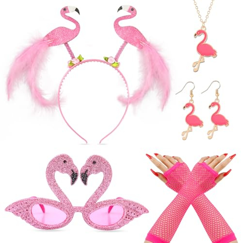 Oerphh 7 Stück Flamingo Kostüm Accessoire Damen Flamingo Haarreif Brille Halskette Flamingo Ohrringe Handschuhe Karneval Kostüm kinder Flamingo für Hawaii Fasching Cosplay Maskerade Party
