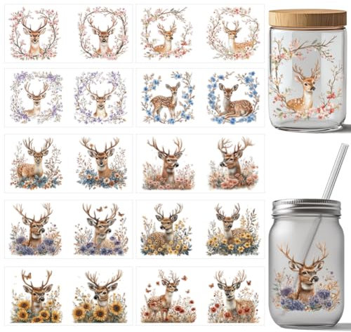 arricraft 10 Blatt Transferpapier Mit Blumen Und Hirschen 11x24cm (4.33x9.45 Zoll) Elch Brillen Transferaufkleber Wasserdichte PVC Aufkleber Für Die DIY Brillen Möbeldekoration