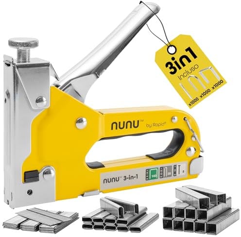 Rapid NUNU Grapadora Manual 3 en 1 para Madera con 3.000 Grapas y clavos. Grapadora Profesional para Tapicería, Paredes, Moquetas y Fijación de Cables, Potencia Ajustable, Diseño Ergonómico