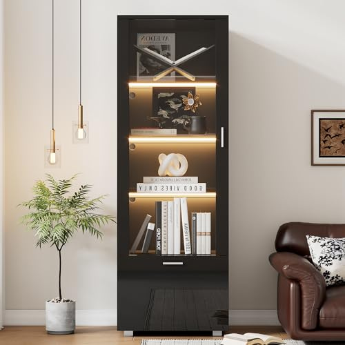 Vitrine in Schwarz Hochglanz mit Glastüren, Stimmungsbeleuchtung Beleuchtete Glasvitrine, Sammlungsvitrine, Parfümschrank, Bücherregal und Glasvitrine mit schwarzen Hochglanztüren (3 Einlegeböden)