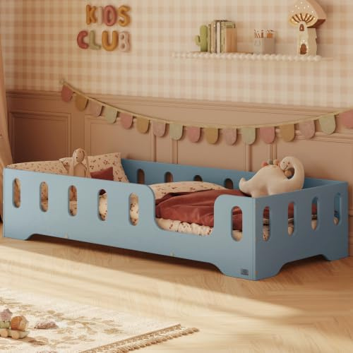 smartwood Bodenbett 90x200 cm mit Rausfallschutz, Holz, Blau, TILA 2P | Montessori Kinderbett, Lattenrost belastbar bis 230 kg, FSC-Zertifikat, abgerundete Kanten, Einfache Montage, ab 3 Jahren