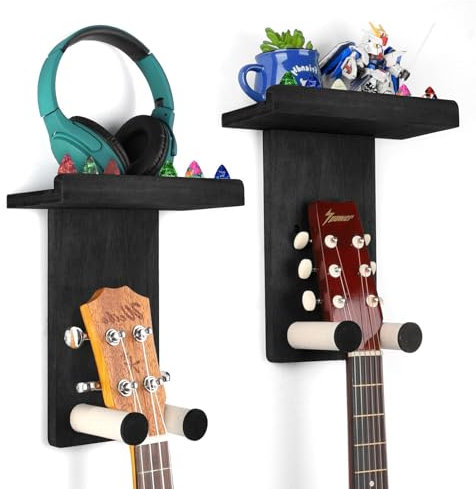VINCOURNA Guitar Wall Mount with Shelf, 2Pack Wooden Guitar Wall Holder Hanger Hooks, Multifunctional Rack Bracket Stand, Easy Install for Electric Guitar Bass Acoustic Ukulele Violin Mandolin-Black