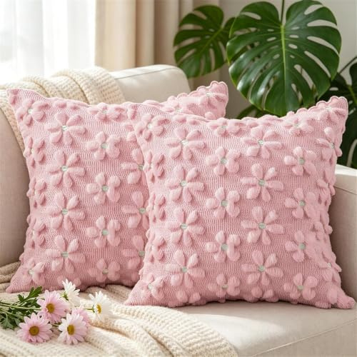 Sunshine smile Kissenbezug 45x45 cm,2er Set Kissenhülle Blumen,Wolle Blumens Kissenbezugs,Zierkissenbezug Dekokissen,Kissenbezug Kordsamt,Deko Kissen Wohnzimmer,Deko Kissen Blumen Sofa Sessel,Rosa