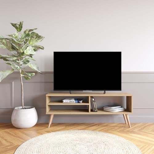 Bimossa Lapis TV Stand – 120 cm Modern TV Unit for 43–50'' TVs, Compact Media Console with Open Storage & Natural Wood Legs, Ready to Assemble, (Oak)