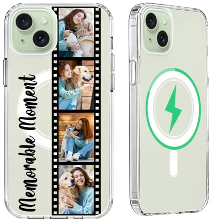 Personalized Picture Case for iPhone 15+ 15 Plus Compatible with MagSafe Custom Collage Photo Clear Magnetic Military Grade Drop Protection Anti Yellowing Slim Cover Gift for Family Friends Loved One