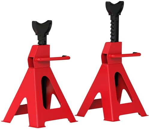 HOMCOM Lot de 2 chandelles Voiture chandelles de Levage capacité 3 tonnes, Hauteur réglable de 290 à 425 mm, Grande Base avec goupille de sécurité, pour véhicule, Caravane, Atelier, Garage, Rouge