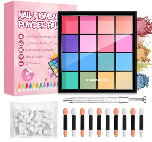 SHOPPGO Nail Pigment Powder 16 Colours, chrome powder for nails, Chrome Nail Powder Set Contains 50 Nail Sponges,10 Sponge Stick, Nail Tools, Suitable for Nail Art Design