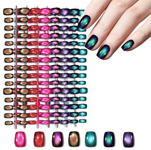 Laza 210 Stück Katzenaugen-Nägel zum Aufdrücken für Damen, 7 Farben | glänzend, Glitzer, schwarzes Loch, kurz, quadratisch, wiederverwendbar, in 15 Größen, langlebig, Salon, Kunstnägel