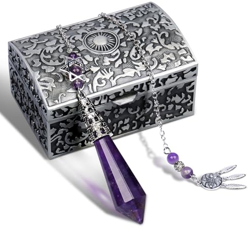 Pendule de Cristal pour la Divination, Pendule de Radiesthésie en Cristal, Cristaux Pointus Spirituels pour la Sorcellerie avec Attrape-Rêves, Étoile Merkaba et Boîte à Gemmes (Améthyste)