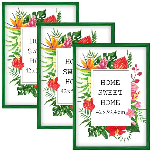 MG Design Set aus 3 Grün Bilderrahmen A2 42 x 59,4 cm – Aus echtem Holz mit Acrylglas, zum Aufhängen & Aufstellen, für Fotos, Poster & Puzzle