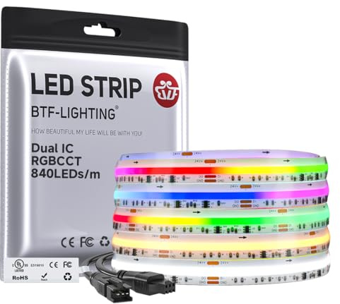 BTF-LIGHTING FCOB COB RGBCCT SPI LED Streifen Adressierbarer Dual IC Dimmbar RGB+CCT Einstellbares Weiß 3000K-6000K Flexibel LED Band 5M 840LEDs/m 24V IP66 Weiße PCB für Heimdekoration(Nur Streifen